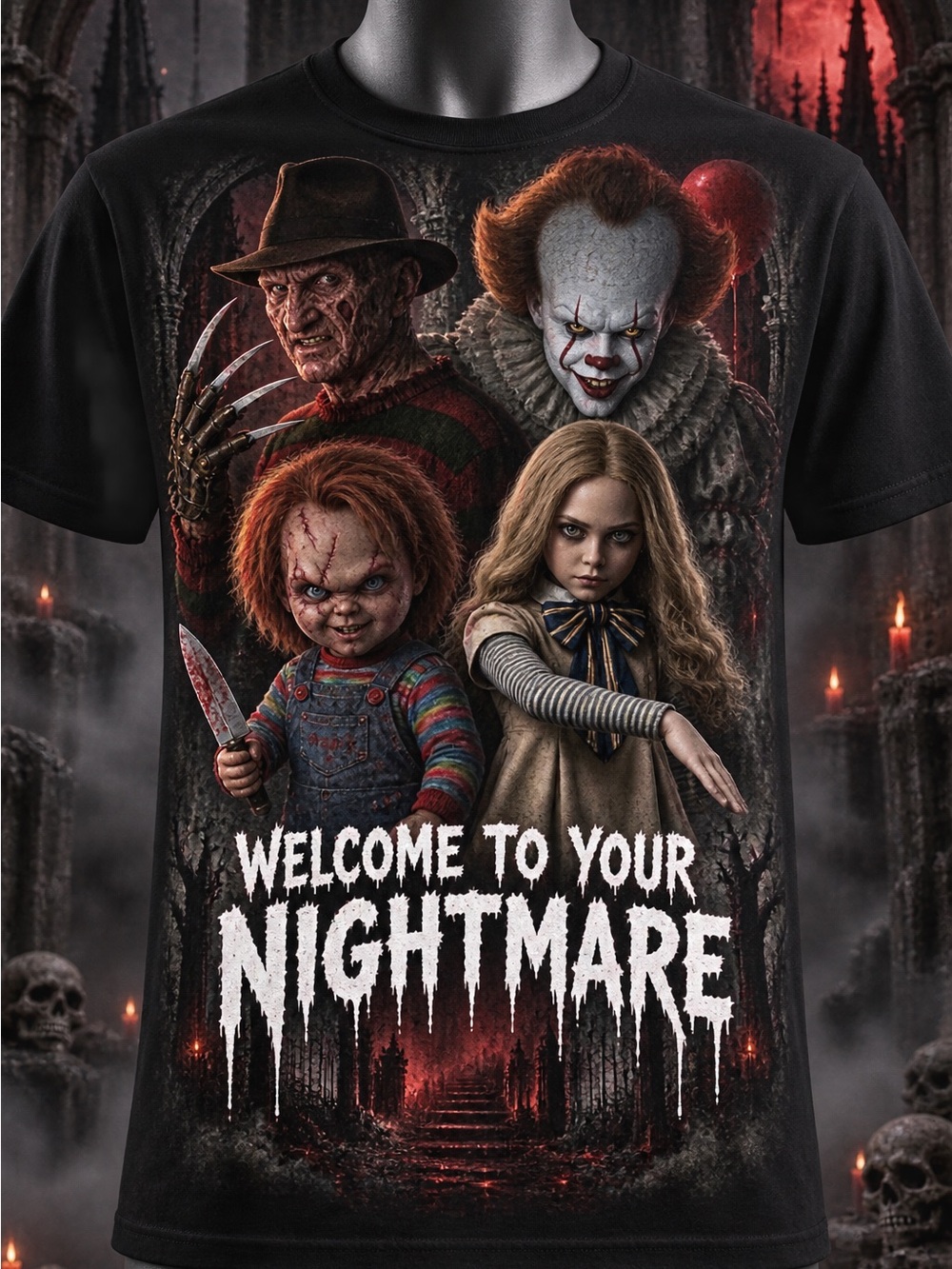 Black Unisex Horror Movie Characters Tee’s - Welcome to Your Nightmare